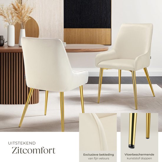 tectake® Chaise de salle à manger Avane - Aspect velours - Chaise ergonomique rembourrée avec pieds en acier doré - Capacité 120 kg - Chaise de salle à manger et de cuisine moderne - Lot de 2 - Beige