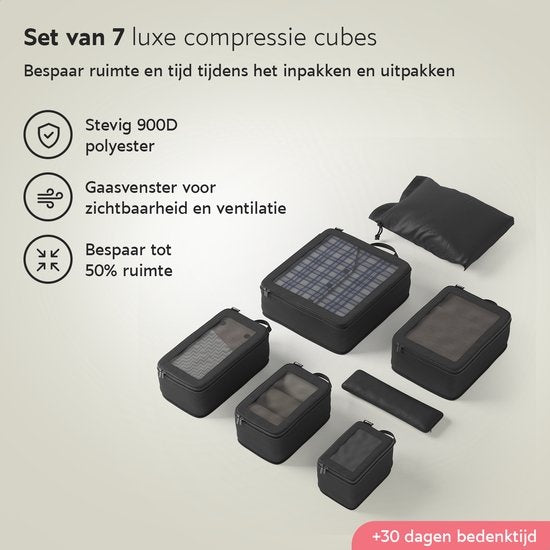 ONYX Cubes de compression - 7 pièces - Kit d'organisation pour valises - Compression zip - Pour valises et sacs - Noir