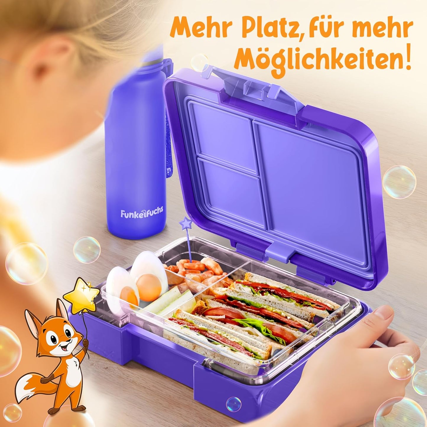 Funkelfuchs® - Lunchbox kids avec compartiments - 500ml, violet - Lunchbox star, small - Boîte à snacks, boîte à snacks, boîte à lunch, boîte à repas, boîte à bento kids - pour l'école, le jardin d'enfants et la crèche