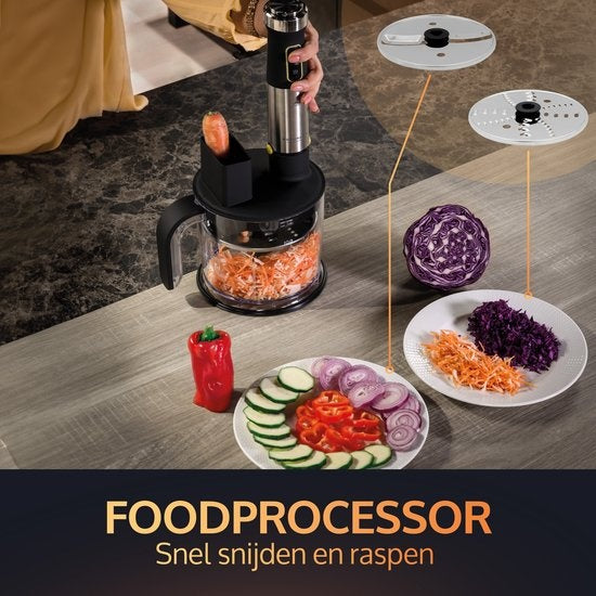 JAP Appliances ForceBlend F3 - 7in1 Hand blender set (1500W) - Comprend un robot culinaire, une tasse à mesurer, un éminceur en spirale, un fouet et un batteur - Pour la soupe, la viande, les smoothies et les collations pour bébés - Black/RVS