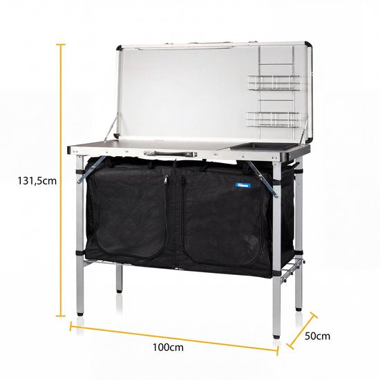 Cuisine de camping Tristar – Pliable – 100 x 50 cm – Avec évier – Structure en aluminium – Meuble de camping et cuisine d'extérieur – Sac de transport inclus – Pieds réglables – KI-0825