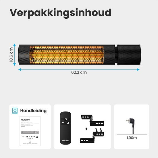 Chauffage de terrasse Auronic - Électrique - 2000W - Télécommande - 2 niveaux - IP55 - Noir