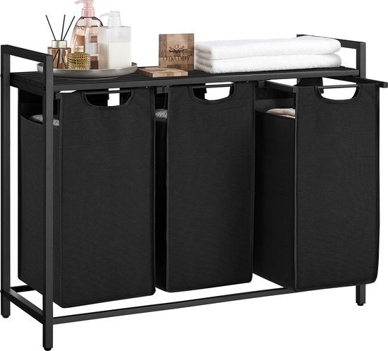 O'DADDY® Panier à linge 3 compartiments - trieur de linge - extensible avec étagère - 92.5 x 33 x 71 cm - panier à linge - 114L divisé en 3 poches - paniers à linge - panier à linge métal noir - gris foncé