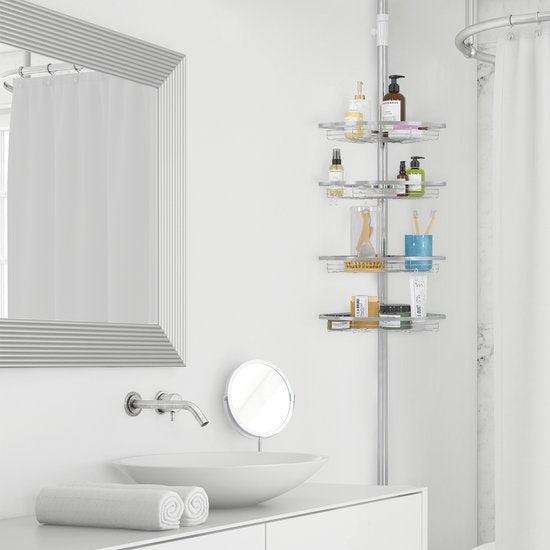 Porte-douche télescopique Strex en acier inoxydable - réglable 70-275 cm - 4 paniers - qualité robuste - fixation sans perçage ni vis - Porte-douche télescopique d'angle