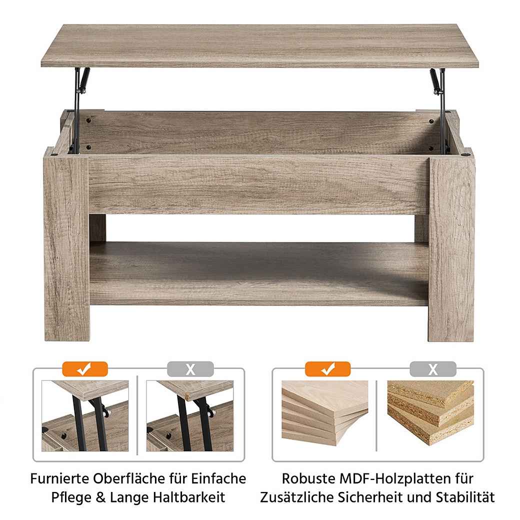 Table basse Yaheetech avec plateau relevable – Gris – 98 x 50 x 41,8/56 cm – Réglable en hauteur avec espace de rangement