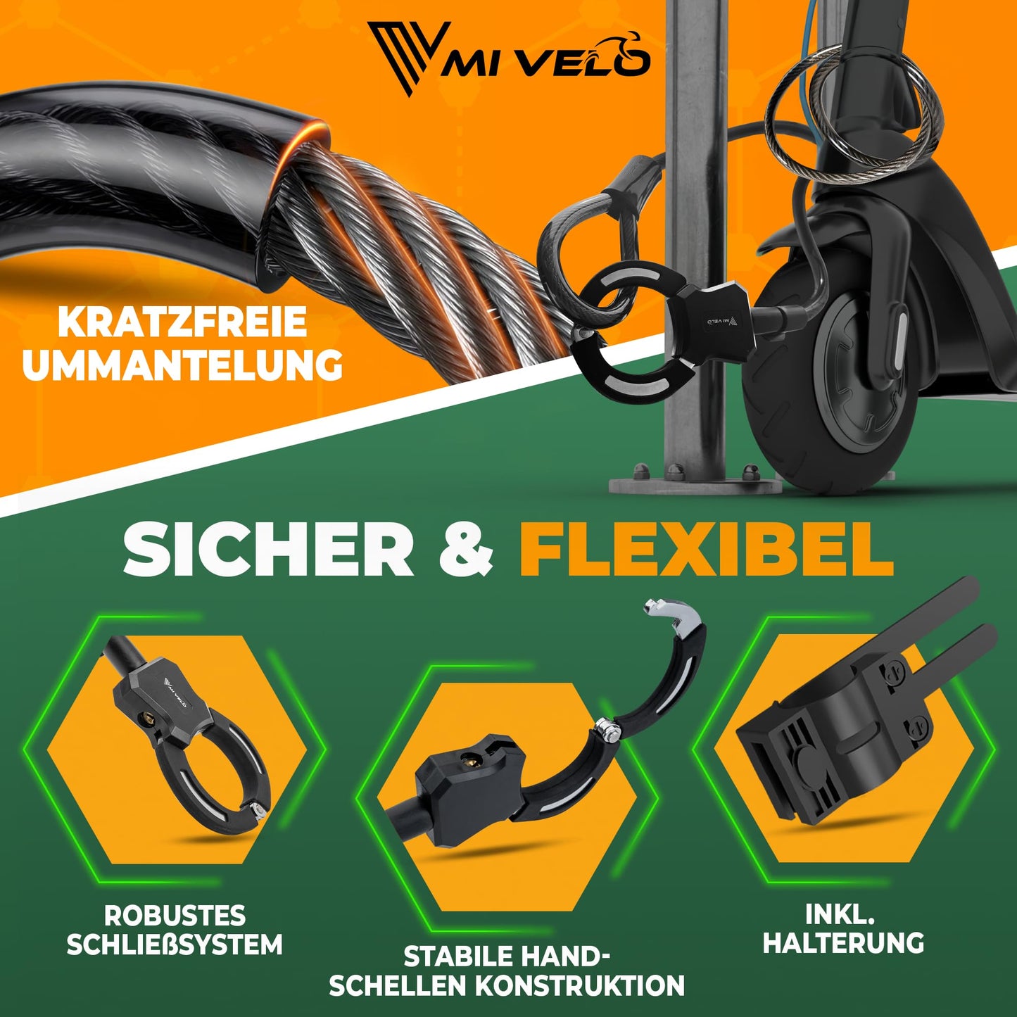 Antivol MIVELO pour scooter électrique - câble antivol en forme de menottes de 120 cm - avec clé et support - âme en acier pour scooter et vélo