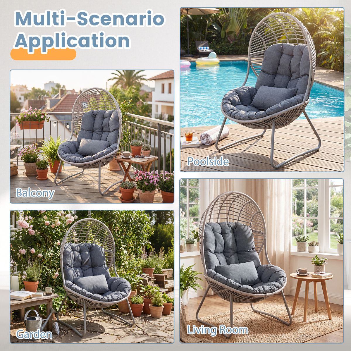 Fauteuil Coast en rotin - design en forme d'œuf - coussins amovibles - gris