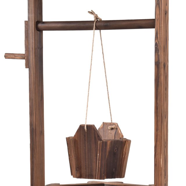Fontaine de jardin Coast avec puits en bois, seau et pot de fleurs avec toit - Design rustique - 43 x 39 x 72 cm - Marron