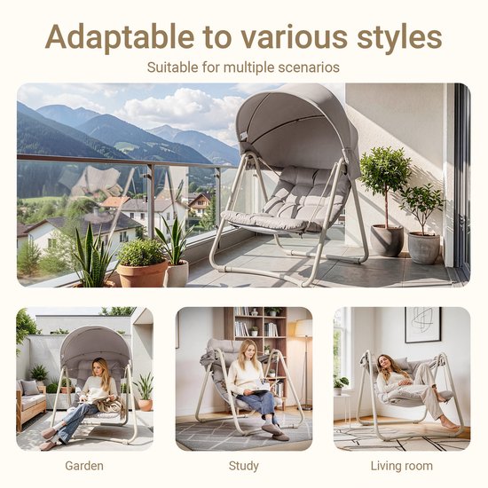 SoBuy OGS62-MI Fauteuil à bascule avec parasol réglable - Pour l'intérieur et l'extérieur - Hamac et chaise de jardin d'extérieur - beige, 108 x 126 x 163 cm