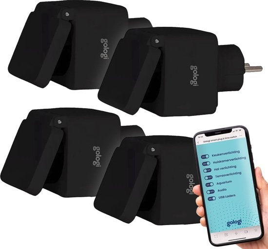 Gologi Smart plug outdoor 4 pcs - Prise intelligente - IP44 - Horloge & Compteur d'énergie - WIFI - Google Home & Amazon Alexa - Noir