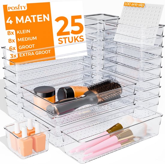 Posity Organisateur de tiroirs - 25 pièces - Plateaux d'organisation - Plateaux de tiroirs - Plateaux de stockage - Organisateur de maquillage - Pour la cuisine, la salle de bain et le bureau - Plastique - Transparent