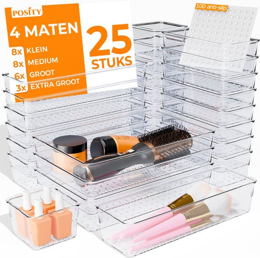 Posity Organisateur de tiroirs - 25 pièces - Plateaux d'organisation - Plateaux de tiroirs - Plateaux de stockage - Organisateur de maquillage - Pour la cuisine, la salle de bain et le bureau - Plastique - Transparent
