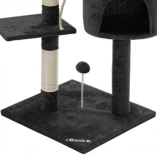 Arbre à chat Cadoca gris foncé avec 3 zones d'observation, 1 grotte, 2 balles de jeu et une corde