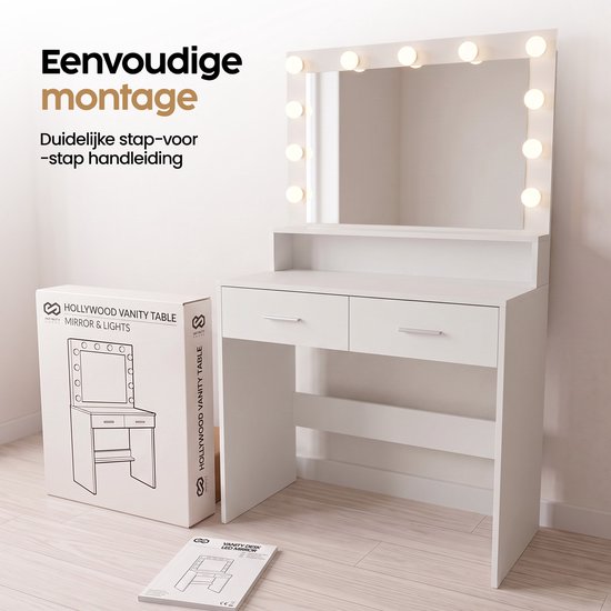Table de maquillage Infinity Goods - Avec miroir et 11 lampes LED - Nombreux rangements - Intensité lumineuse réglable - Blanche