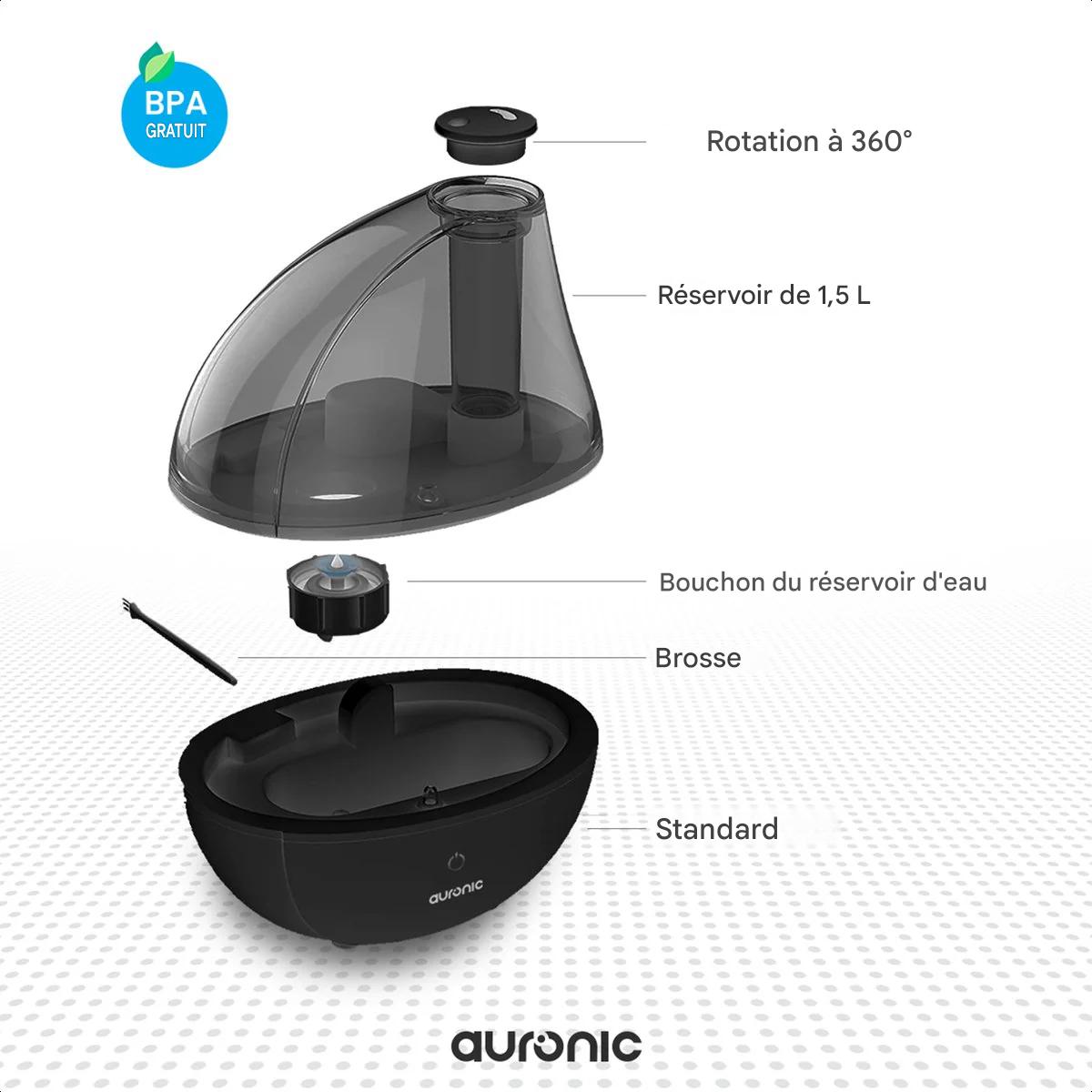 Humidificateur Auronic - Adapté à la chambre de bébé et à la chambre à coucher - Noir - Filtre à eau inclus