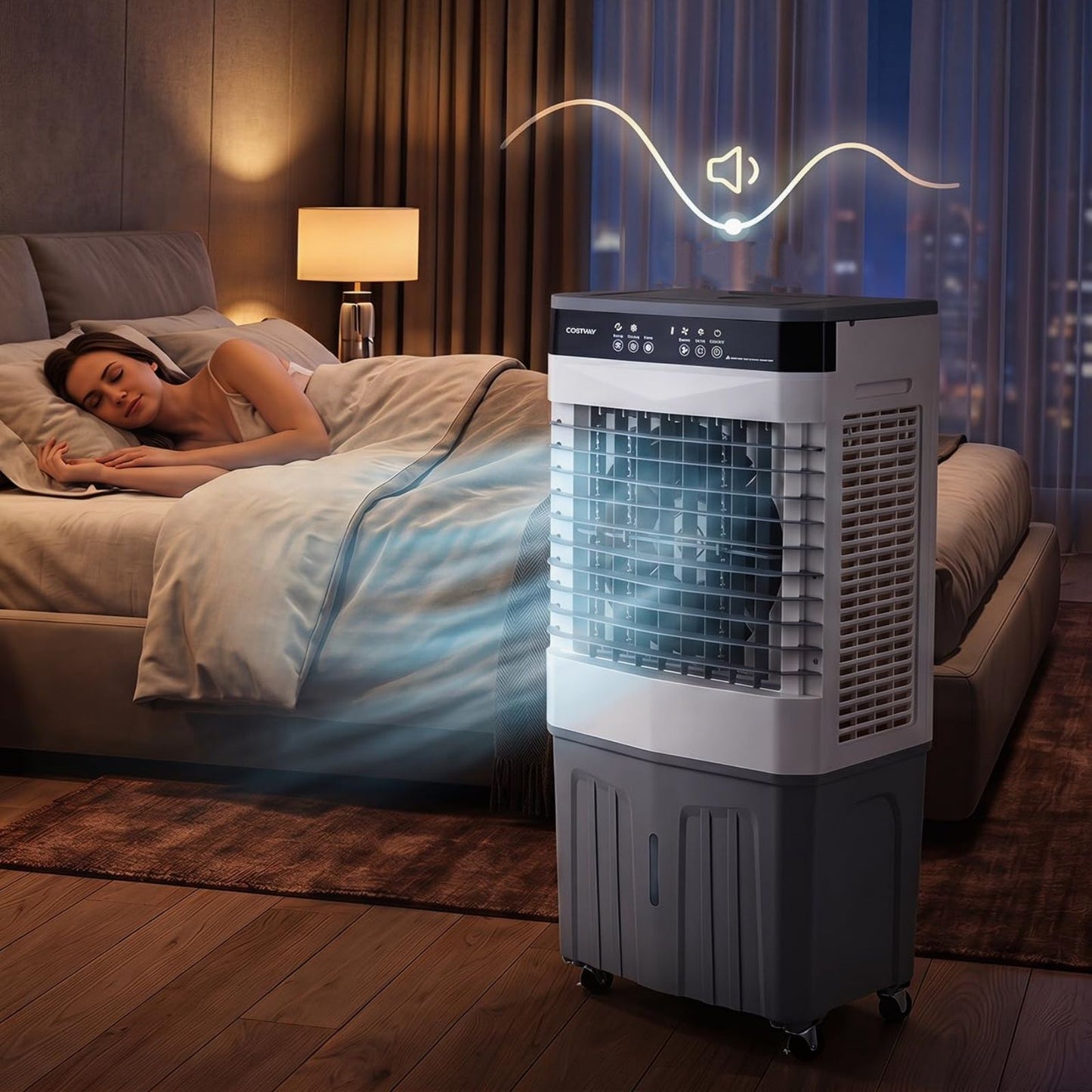 Ventilateur portable et refroidisseur d'air Coast avec télécommande - Réservoir d'eau de 27 L - 3 vitesses - 49 x 31 x 109 cm - Blanc/Gris
