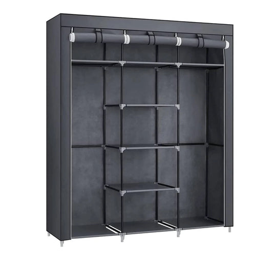 Armoire à linge 150 x 175 x 45 cm - Grise - 2 tringles à vêtements - Étagères - Pliable