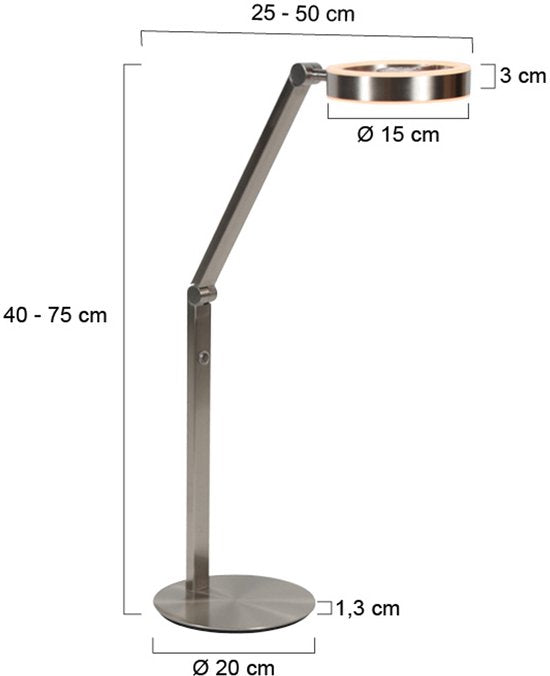 Lampe de table Ringlux 4139ST de Steinhauer - Élégante lampe en acier brossé, hauteur réglable de 40 à 75 cm, avec double éclairage LED et variateur tactile.