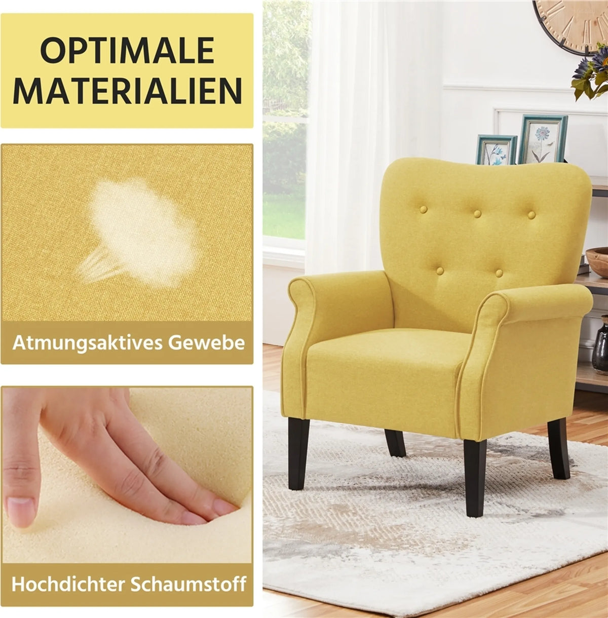 Fauteuil de salon Yaheetech avec pieds en bois - 74 x 72 x 94 cm - Jaune