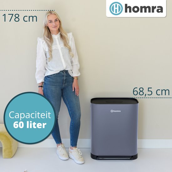 Homra Rockx Pedal Bin 60 Litres - Duo Trash Bin 2X30L with Odour Filter - Stainless steel Waste Separation Trash Bin 2 Compartments - Recycle Trash Bin - Garbage Bin Kitchen Waste Separation - Waste Bin - Double Trash Bin Grey