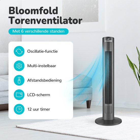Ventilateur de tour Bloomfold - 38 pouces - Noir - Télécommande - Mode veille - Minuterie 12 heures - Affichage LED complet