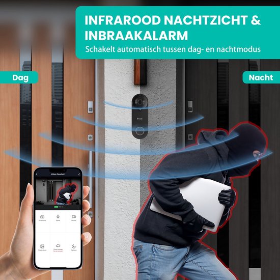 Sonnette vidéo avec caméra - avec gong et carte SD de 128 Go - sans fil - sonnette intelligente - avec application - noir - de Saaf