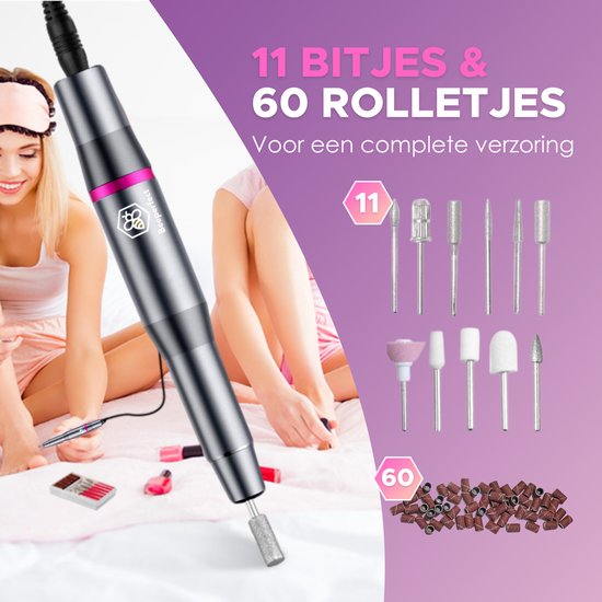 Beeperfect® Lime à ongles électrique - Routeur d'ongles - Ensemble manucure et pédicure - 11 embouts et 60 rouleaux de ponçage