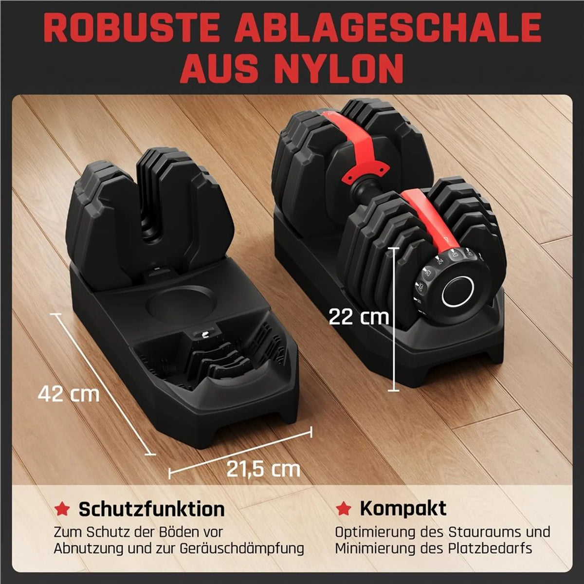 Ensemble d'haltères réglables Yaheetech 2,5-24 kg - Réglage rapide 15 en 1 - Noir/Rouge - 42 x 21,5 x 22 cm