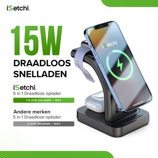 iSetchi MagSafe 5-in-1 Wireless Charger (15W USB-C fast charger) - Avec lampe LED, horloge numérique et fonctions d'alarme - Convient pour iPhone, Apple iWatch et Airpods - Station Qi sans fil - Chargeur GSM