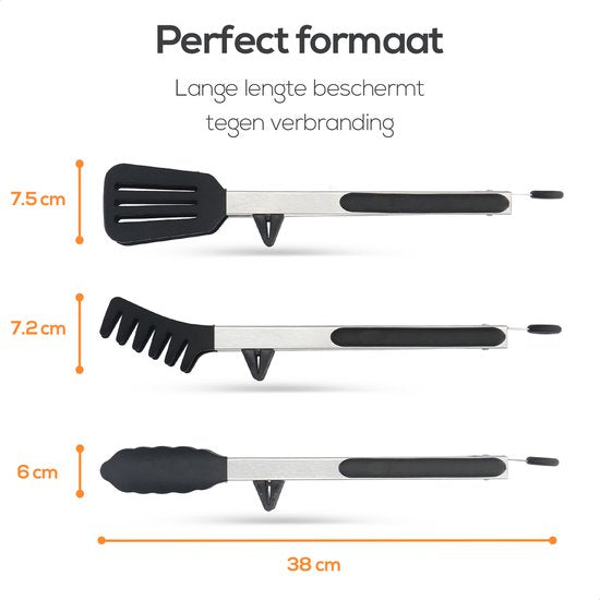 KitchenLove Pince à viande - Pince de cuisine - Lot de 3 - Pince à spaghetti - Pince à barbecue - Silicone - Noir