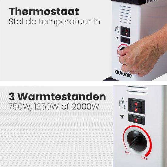 Auronic Convecteur électrique - 750/1250/2000 Watts - Avec ventilateur - Chauffage - Ventilateur - Blanc