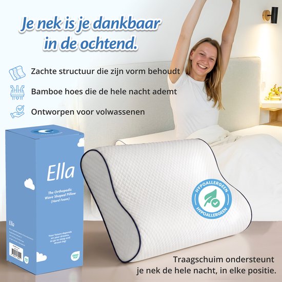 Oreiller orthopédique Ella Wave-Soft pour les personnes dormant sur le dos ou sur le côté - Oreiller ergonomique avec soutien cervical en mousse à mémoire de forme - Oreiller pour soulager les douleurs cervicales, 60 x 40 cm - Blanc