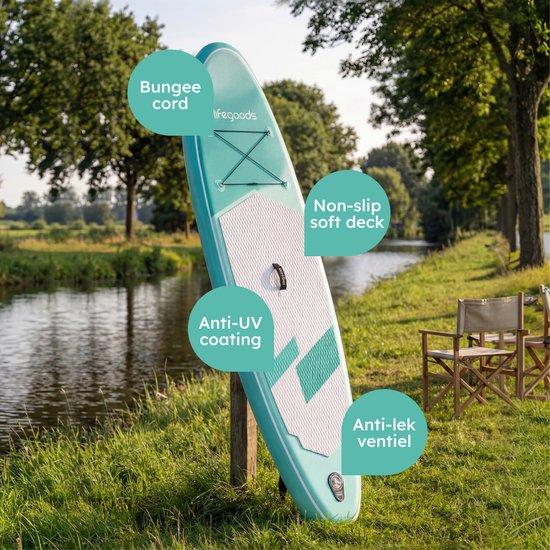 LifeGoods SUP Board All-round Compact - Capacité de charge 100 KG - 300 x 76 cm - Gonflable - Pack SUP complet - Vert menthe
