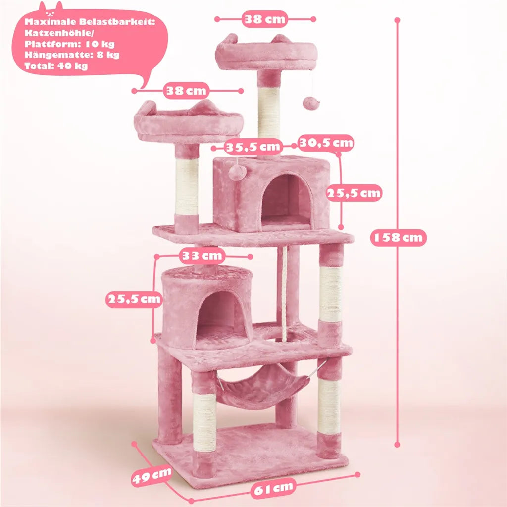 Arbre à chat Yaheetech 158 cm - Rose - Arbre à chat avec 2 grottes, un hamac et des poteaux en sisal