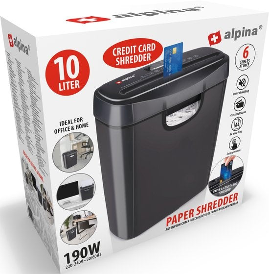 Destructeur de cartes de crédit et de documents alpina avec corbeille Noir