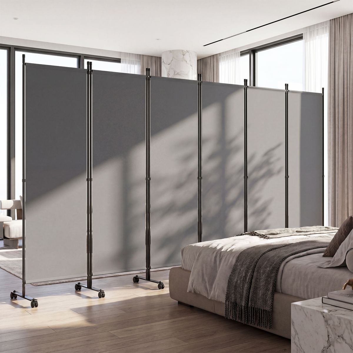 Paravent Coast sur roulettes - 6 panneaux - pliable et flexible - gris