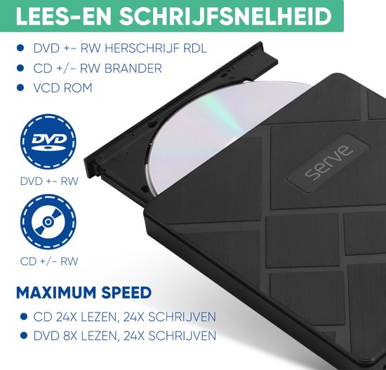 Serve 4-in-1 Lecteur et graveur externe de CD / DVD pour PC, ordinateur portable et Mac iOS - Plug & Play - Fente pour carte SD et Micro SD + Hub USB