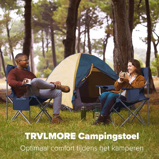 Chaise de camping - TRVLMORE  - XL - Chaise pliante confortable - 150 kg max - Porte-boisson - Bleu