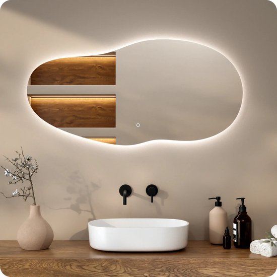 Miroir de salle de bains Mirlux avec éclairage LED – Miroir mural asymétrique – Miroir de douche anti-buée – 120 x 60 cm