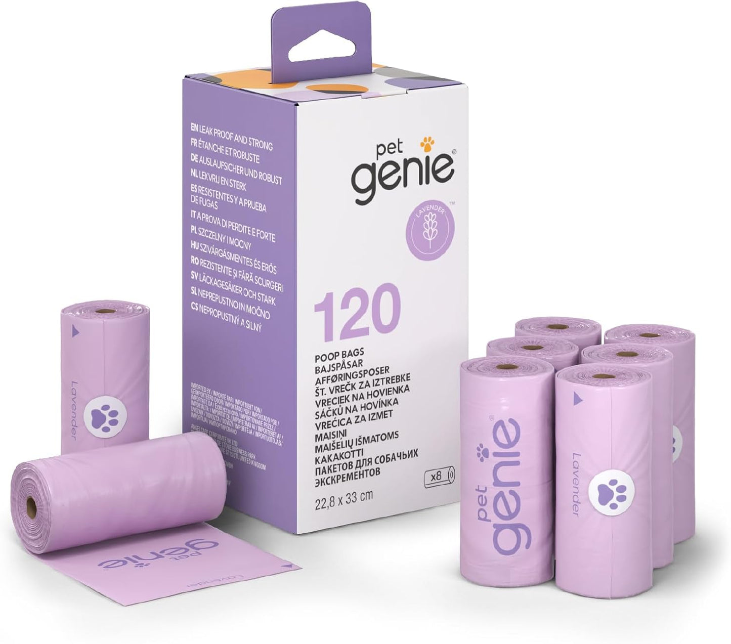 Sacs pour déjections canines Pet Genie, parfum lavande - 22,9 x 33 cm - 120 pièces / 8 rouleaux - Extra épais et étanches