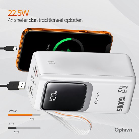 Ophion® Powerbank PRO 50 000 mAh – 7 ports de recharge – Recharge rapide – Chargeur rapide 22,5 W pour USB-C, USB-A, Micro-USB – Câble inclus – Kit d'urgence – Blanc