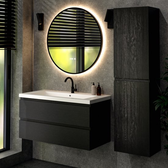 Meuble de salle de bains Mirlux en chêne noir 80 cm - Lavabo blanc - Ensemble de meubles de salle de bains - Meuble-lavabo en chêne noir