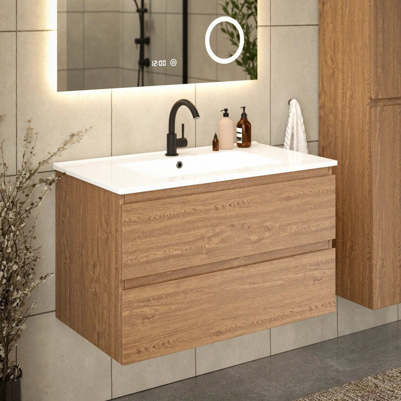 Meuble de salle de bains Mirlux Luma 80 cm - Chêne chaud - Lavabo blanc