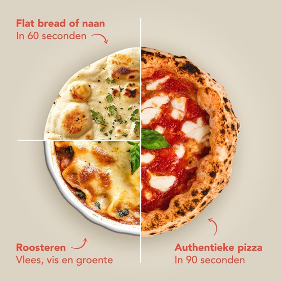 KitchenBrothers Four à Pizza - Au feu de bois - Table Top - Avec Couvercle Protecteur - Sans PFAS - Pliable - Pierre à Pizza - jusqu'à 460°C Pizza maker - Set complet - Four à Pizza pour l'extérieur - Noir/RVS