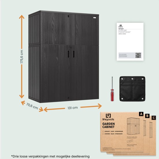 LifeGoods Garden Cabinet Vertical - 1340L - Armoire de rangement - Résistant à l'eau et aux UV - Coffre de jardin - Noir