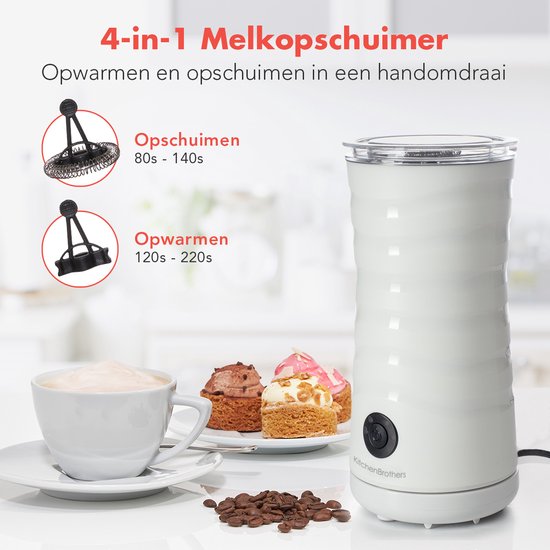 KitchenBrothers Mousseur à lait électrique - 4 en 1 - Fouet à lait - 240 ML - Mousseur à lait pratique - Blanc