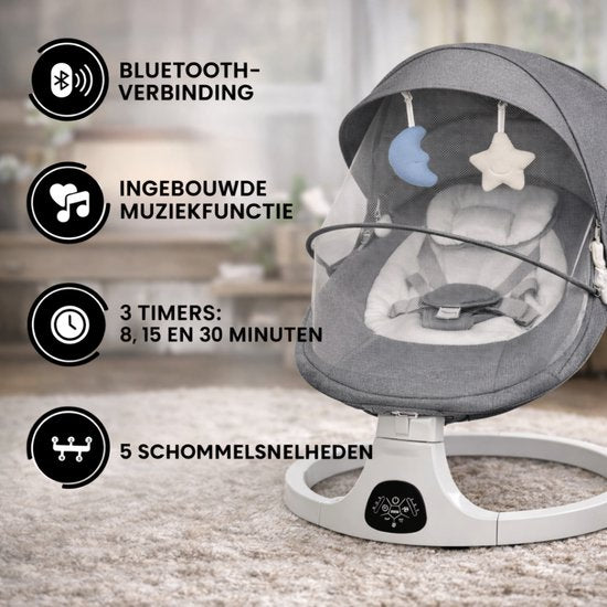 Oemmie Berceuse électrique - Balançoire pour bébé - Berceuse pour bébé - Fonction bluetooth et télécommande incluses - 5 positions de balancement - Gris