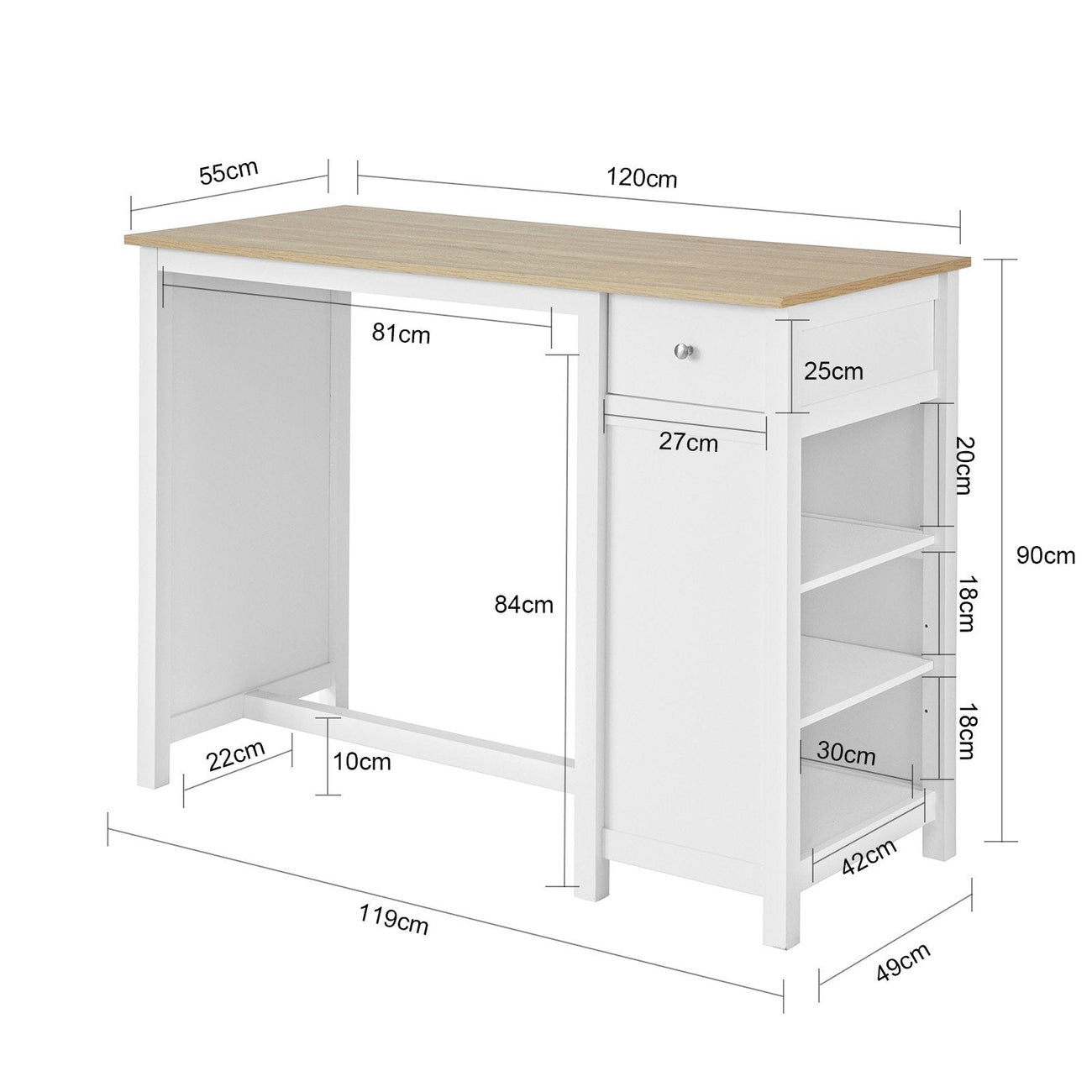 Table haute - SoBuy - Table de cuisine - Avec étagères de rangement - 120 x 55 x 90 cm - Blanc