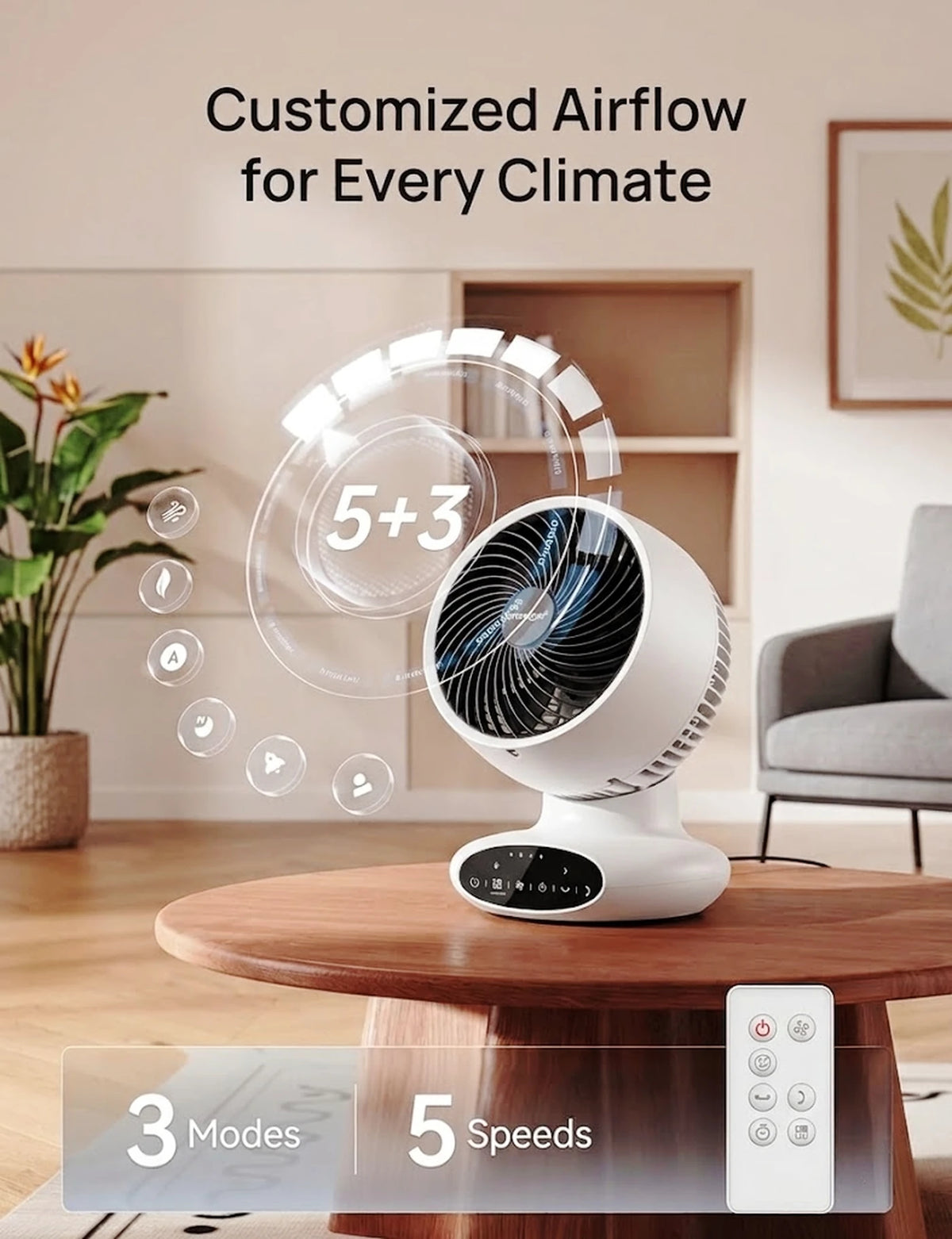 Ventilateur à circulation d'air MONSGA AC100 - Ultra silencieux 25 dB - 5 vitesses - Minuterie et mode veille