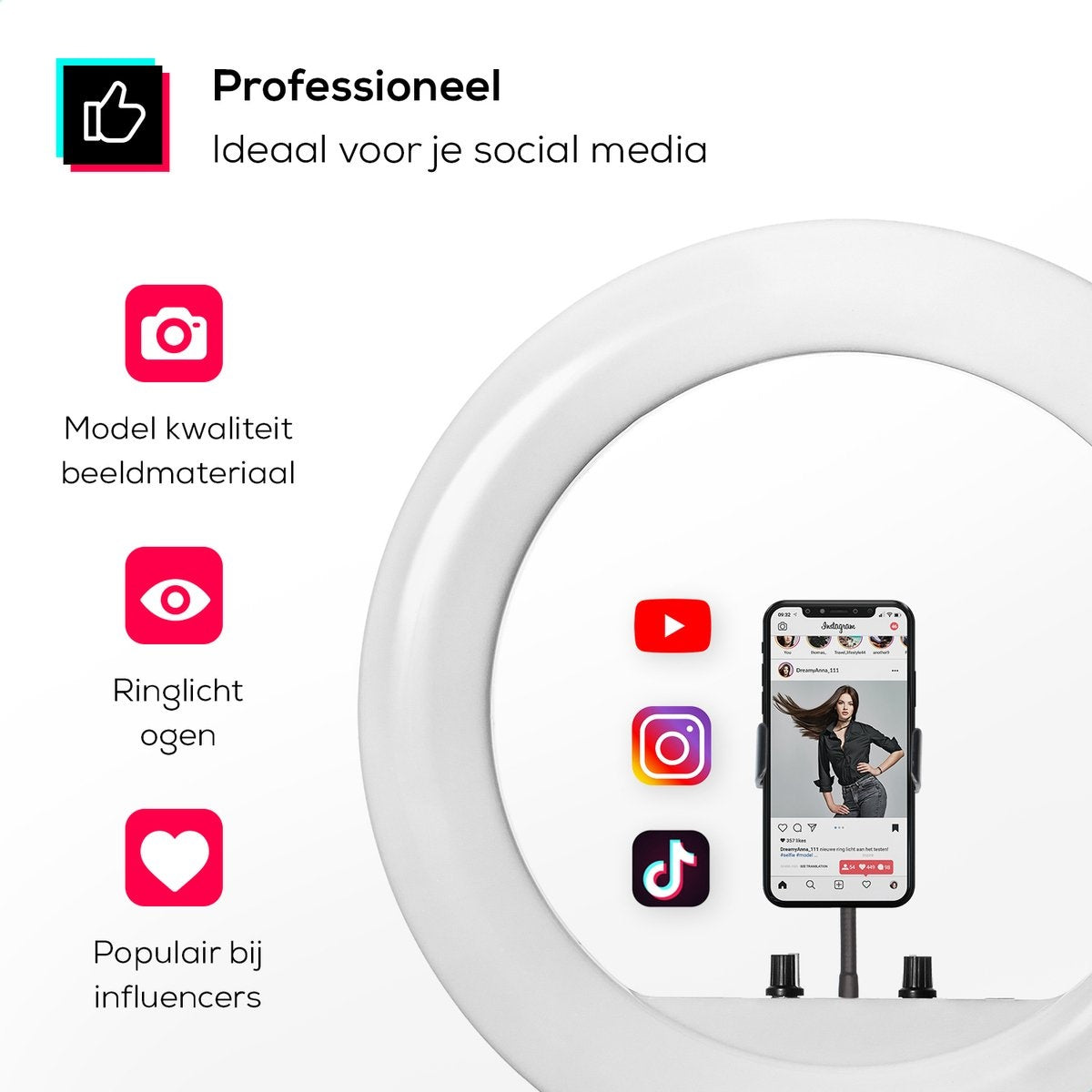 LURK® Ring lamp set PRO 18 inch - Trépied réglable et télécommande - LED - Convient pour smartphone et caméra (d'action)